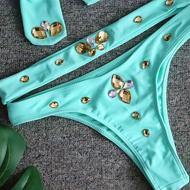 Женский купальник-бикини со стразами однотонный небесно-голубой купальник с