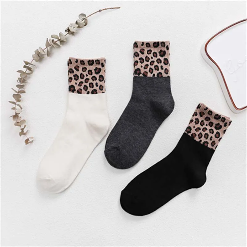Зимние женские носки с леопардовым принтом смешные модные теплые хлопковые