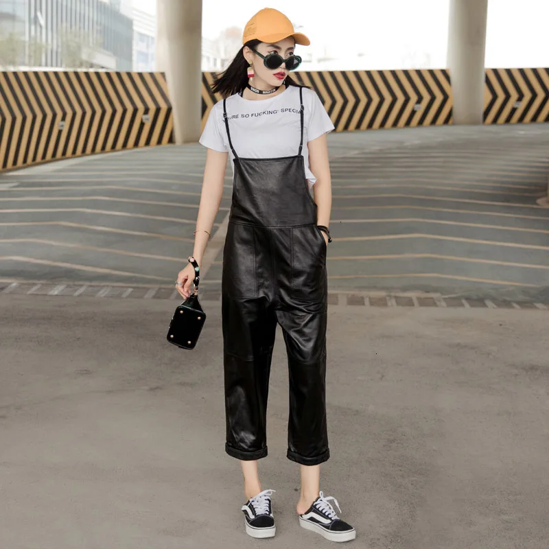 Женский однотонный комбинезон из натуральной кожи черный красный повседневный