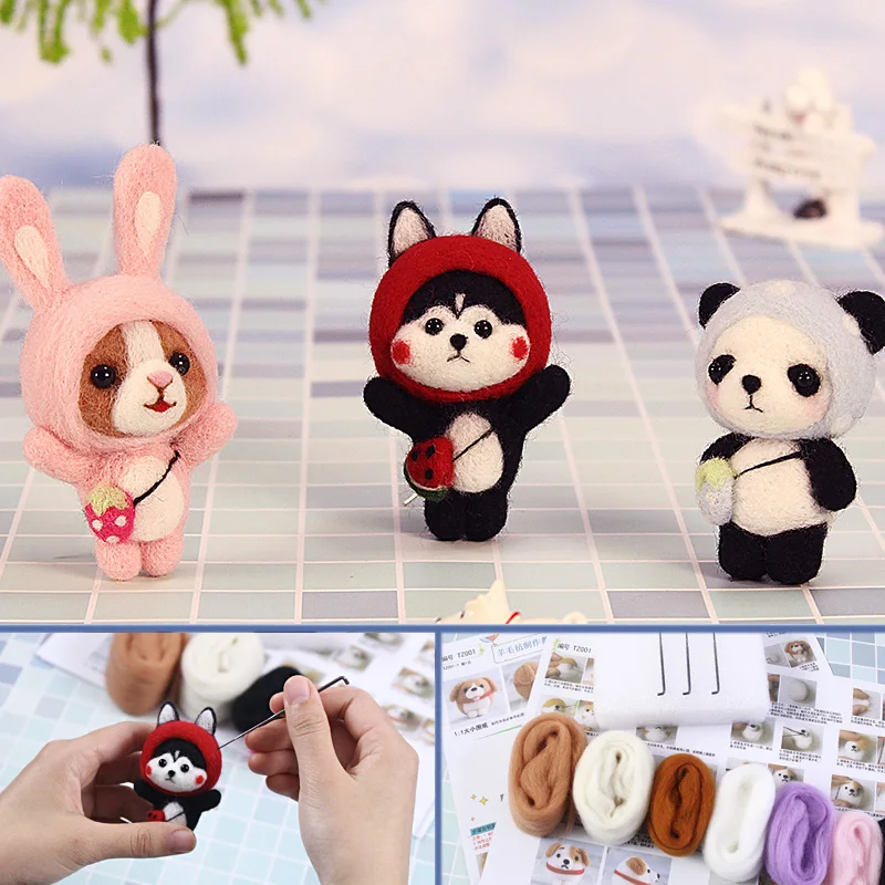 

DIY Beginner Handmade Cartoon Husky Panda Corgi Toy Doll Wool Felt Needle Poked Knitting Cute Animal Felting Craft Non-Finished
