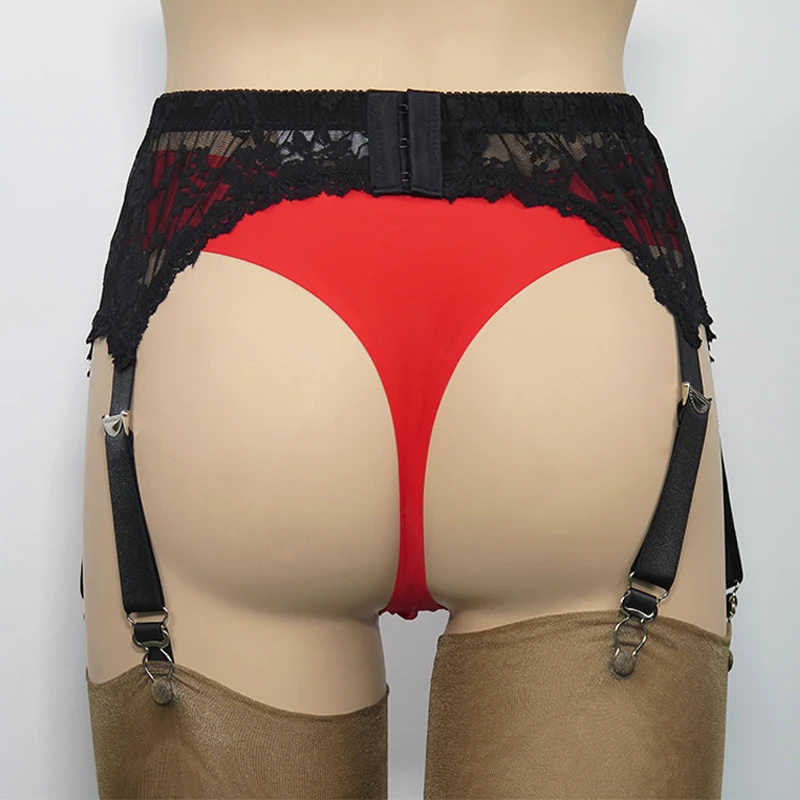 Sexy Black Mesh Garter Belt Lace Embroidery Transparent Suspender 6 Straps Metal Clip for Women Stockings Leg Harness