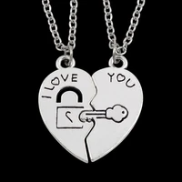 2 piecesset of couple necklaces for men and women two heart shaped pendants paired key lock rope necklace lover gift wholesale