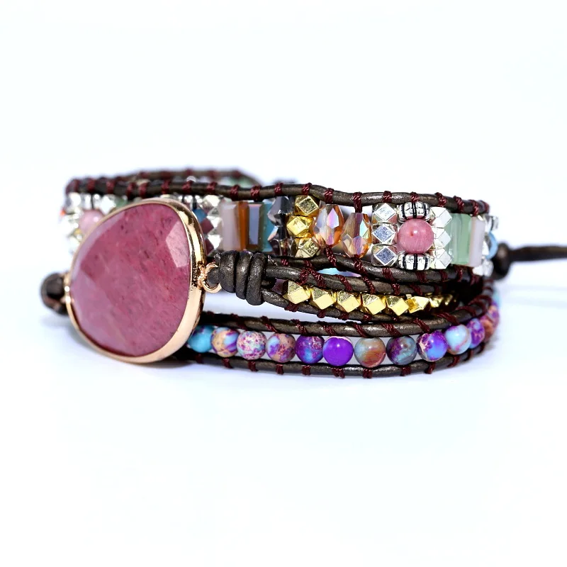 

2021New Leather Wrap Bracelet W/ Stones Multi Color Natural Beads Crystal Weaving Statement Art Bracelet Gifts