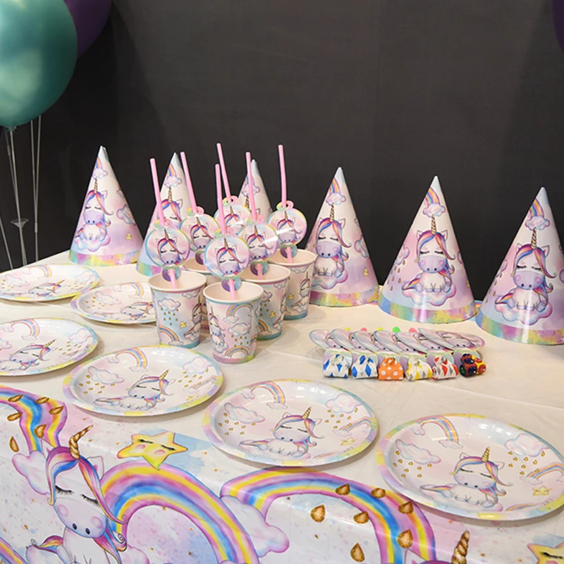 Vajilla desechable de unicornio para ni&ntilde;as,cumplea&ntilde;os unicornio ni&ntilde;a,pi&ntilde;ata unicornio, servilletas de pl&aacute;stico, platos de papel, decoraciones para fiesta de cumplea&ntilde;os-2