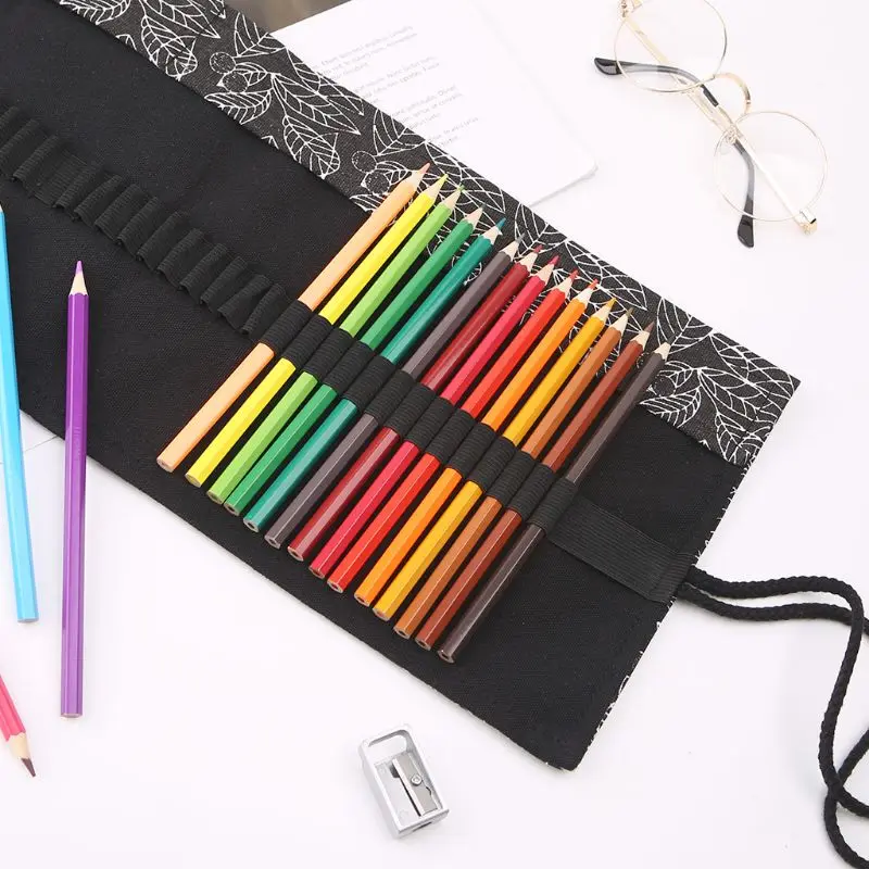 Beautiful Leaf School Pencil Case Roller 12/24/36/48/72 Holes Canvas Roll Up Makeup Pen Bag For Girls Boys Stationery | Канцтовары для