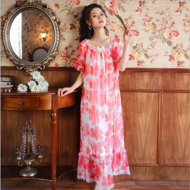 

Princess Summer Short Sleeves Vintage Style Printed Nightgowns Women Lace Round Neck Ankle-Length Night Dress Nightie in French