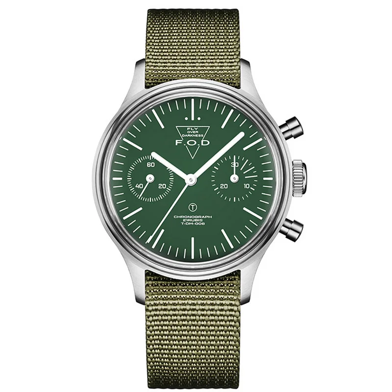 

Merkur Men's Pilot Wristwatch Green Dial Acrylic Arched Glass ST19 Hand Winding Movement Mechanical Aviation Chronograph Watch
