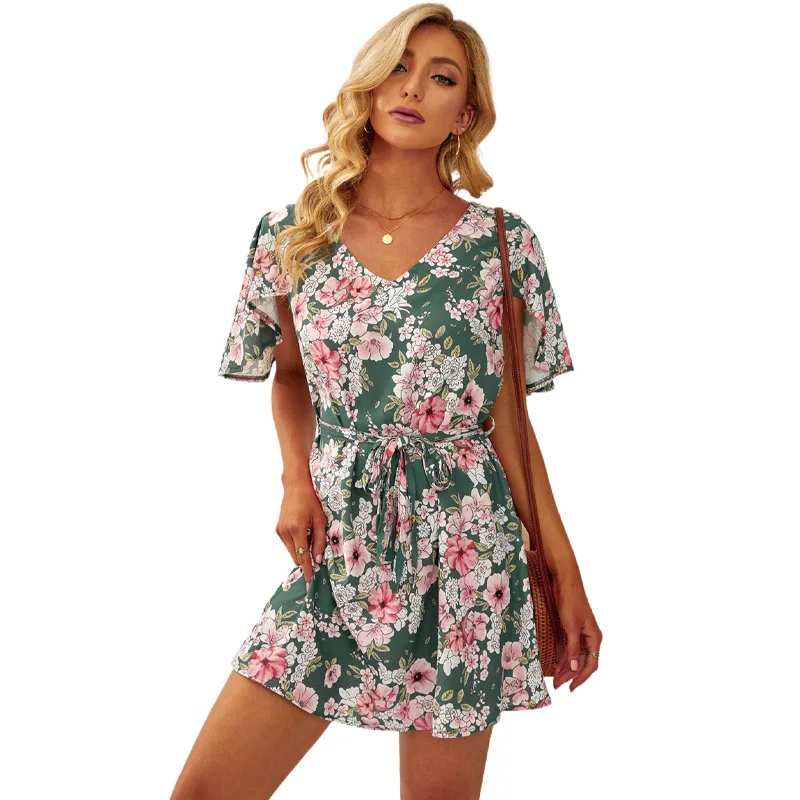 

Dress Summer 2021 New V-neck Open Back Ruffled Lace High Waist Skirt
