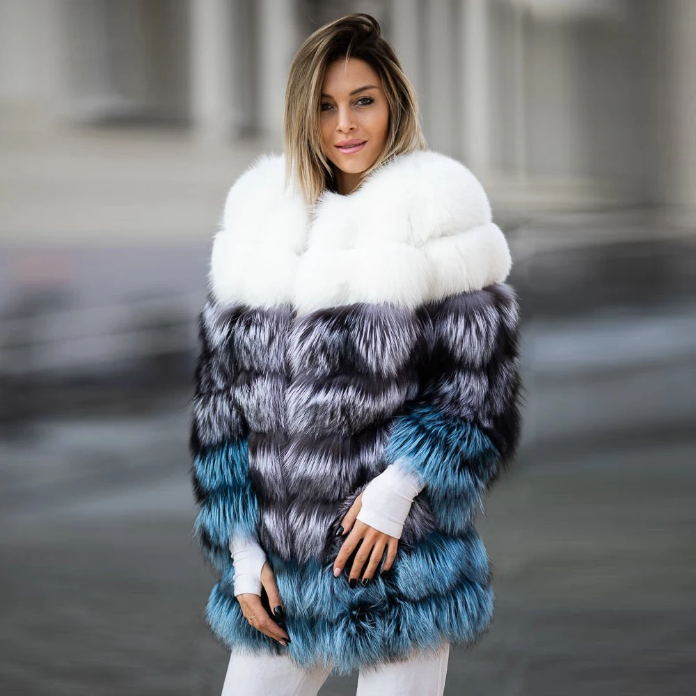 Mid-length Natural Fox Fur Jacket for Women Winter Outwear Luxury Fashion Women Real Fox Fur Coat Color Patchwork Fur Overcoats