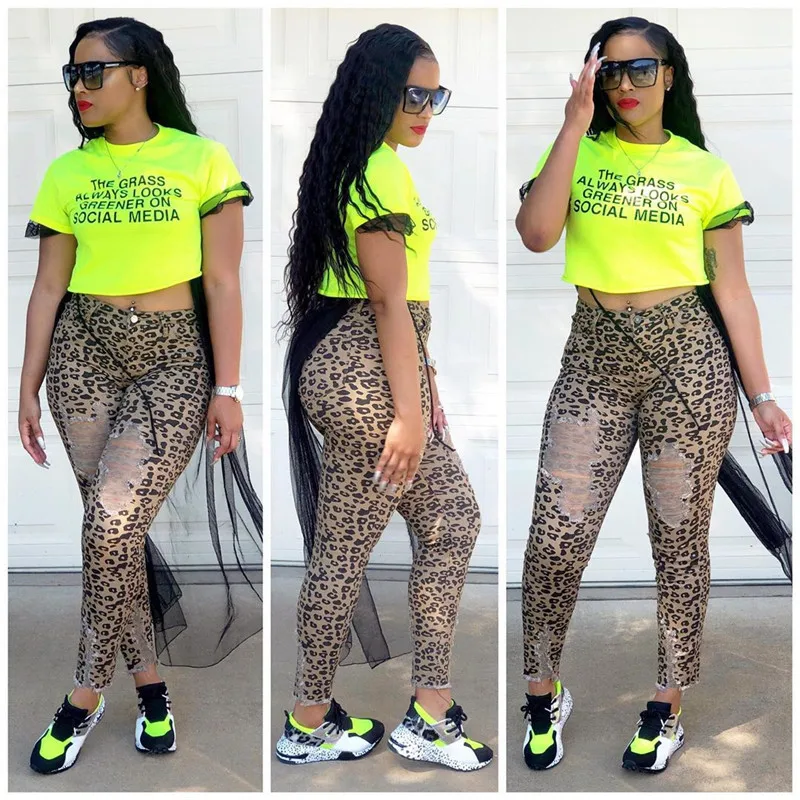 

Women Letter Print T-shirt Neon Green Color Summer Female Crop Tops Slim Solid Mesh Stitching Tees Sexy Exposed Navel Club Wear