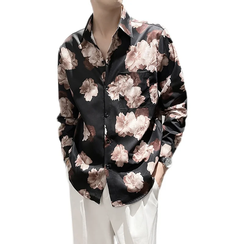 2021 Flower Printed Men's Shirt Autumn Long Sleeve Loose Street Casual Shirt Social Party Male Clothing Nightclub Chemise Homme
