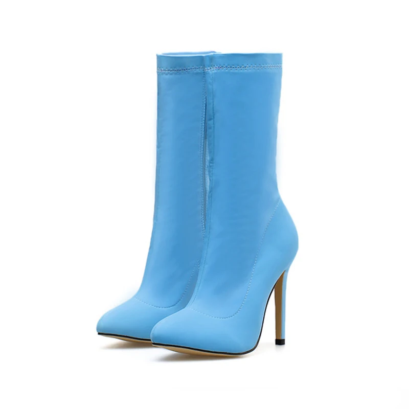 

LEOPRAD LAND Elastic Candy Color Pointed Thin Heel Short Boots High Heel Women's Boots Yellow Blue Point Toe Heel Boot Jxq
