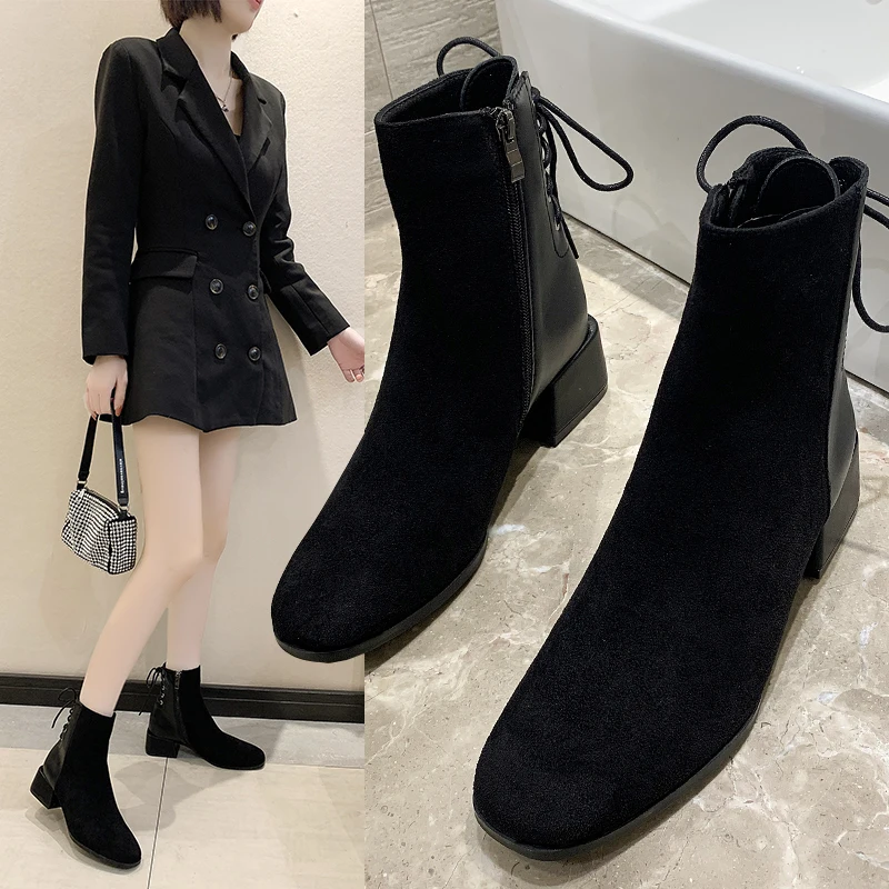 

Spring Autumn Women Ankle Boots Thick Heel Round Toe Flat Shoes Lace-up Fashion Boot Sexy Low-heeled Boot Female Dress Shoe Boot