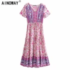 Винтажное шикарное женское Фиолетовое Платье макси с цветочным принтом, коротким рукавом, бахромой и оборками, богемное женское платье Бохо Happie из вискозы с V-образным вырезом