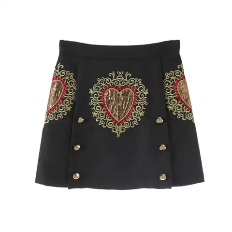 Женская двубортная мини-юбка, винтажная черная трапециевидная юбка с вышивкой в виде сердца, для подиума, для вечеринок, 2021