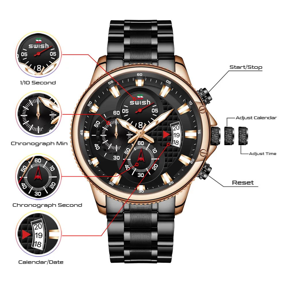 Relogio swish Masculino de luxo Брендовые Часы для мужчин из нержавеющей стали спортивный