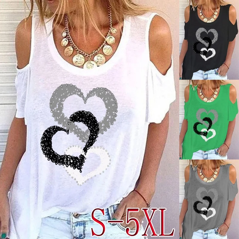 

Women's Summer New Fashion Heart Prined Round Neck Short Sleeve T-shirt Casual Off Shoulder Shirt Solid Color Tops Plus Size