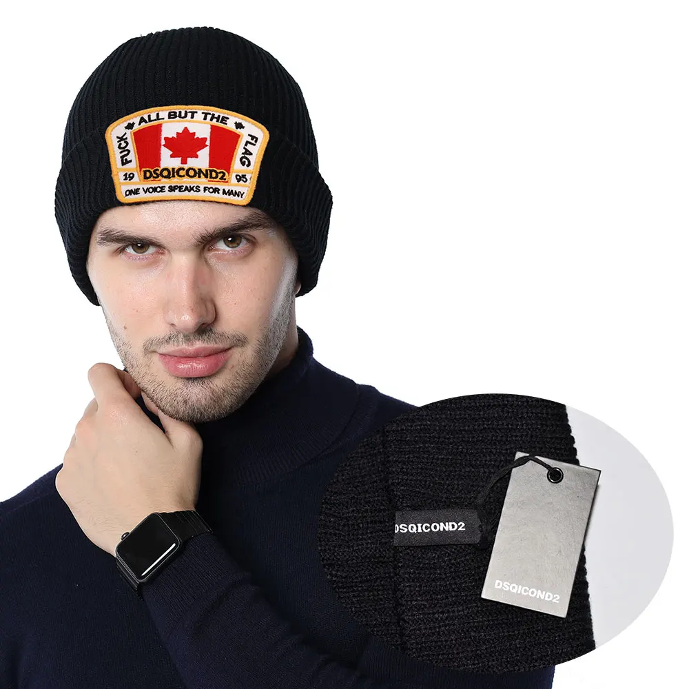 

Winter Unisex Man Woman Adult Casual Cotton Handsome Beautiful Warm Patchwork Letter Flag Black Grey Headgear Cap Hat Beanie