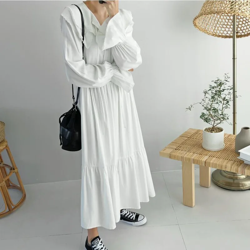 LANMREM Solid Color Doll Collar Trumpet Sleeves Loose Woman Chiffon Dress Casual Sweet Fashion 2020 Spring Dresses New TV141 | Женская