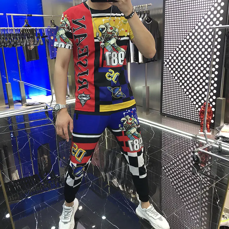 

2021 Summer New Short-Sleeved Trousers Suit Men's Ice Silk Astronaut Student Korean Style Trendy Suit