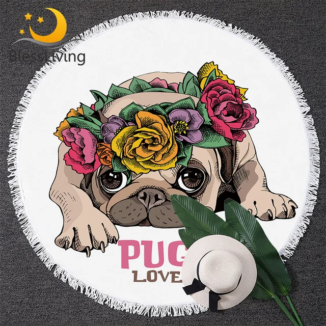 BlessLiving Puppy Large Round Beach Towel Cartoon Pug Dog Bath Towel Oversized for Kids Floral Animal Circle Beach Throw Blanket 1