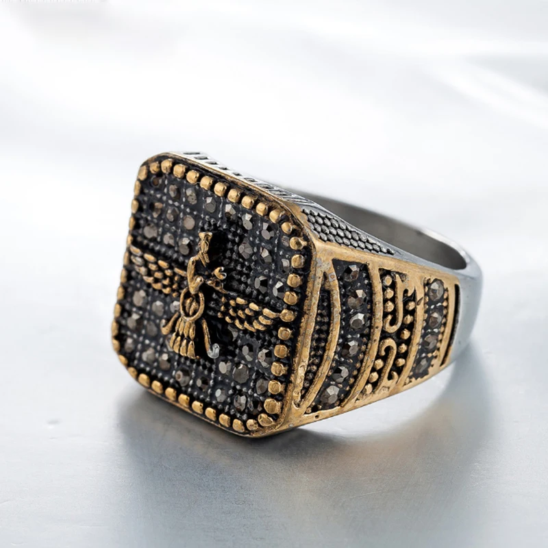 

Vintage Religious Ring Islam Iran Faravahar Ahura Mazda Rings Gold Color Zoroastrian Ring Men Rings Male Hip hop Musley Jewelry