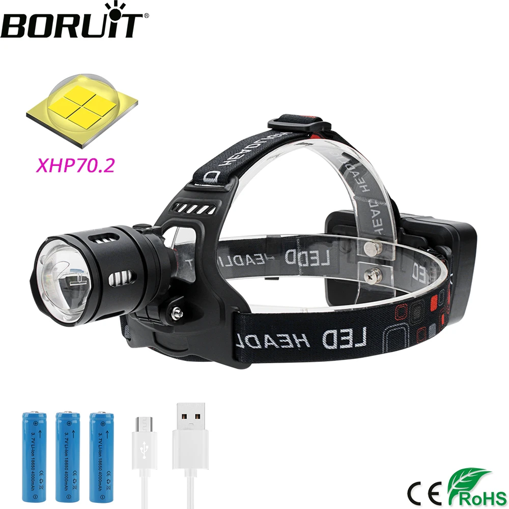 BORUiT T30 XHP70.2 светодиодный Мощный налобный фонарь 18650 лм 3 режимный с зумом