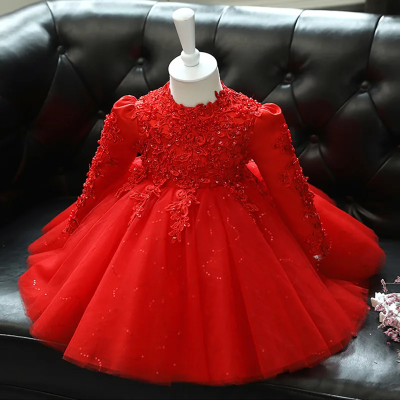 Red Toddler Girl Dress Long Sleeve One Year Old Baby Christmas Princess Gowns Beads Lace Birthday Party Host Baptism Prom Dress