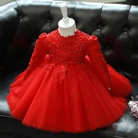 Red Toddler Girl Wedding Dress Long Sleeve Newborn Girls Christmas Princess Gowns Beads Lace Infant Kids 1 Year Birthday Baptism