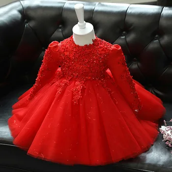 Red Toddler Girl Wedding Dress Long Sleeve Newborn Girls Christmas Princess Gowns Beads Lace Infant Kids 1 Year Birthday Baptism
