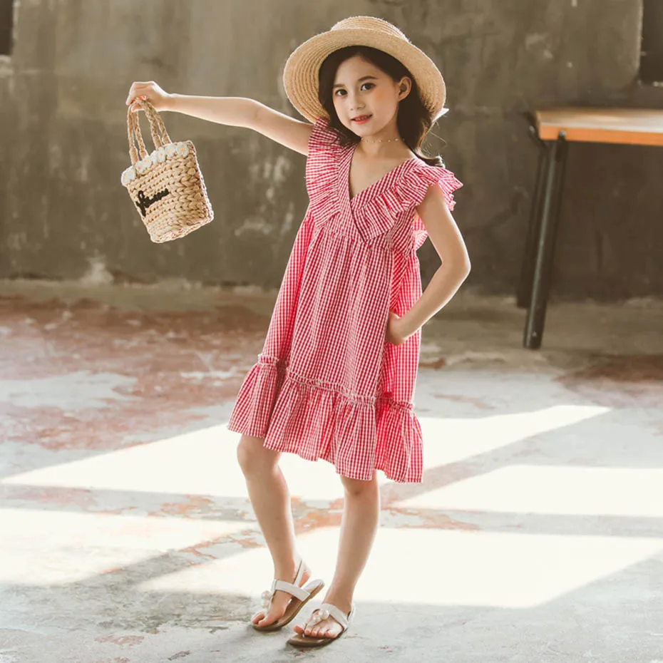 Dress For Girls Plaid Pattern Summer Dresses V -Neck Kids Sleelvess Clothes Girl 6 8 10 12 15 | Детская одежда и обувь