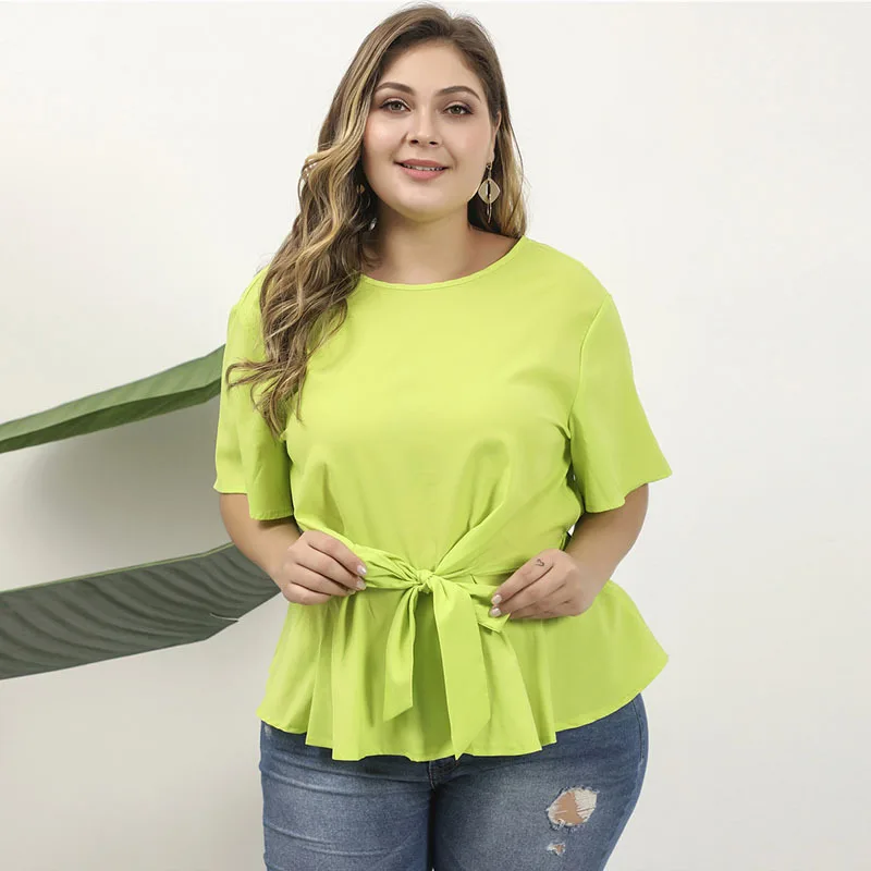 New 2021 Summer Plus Size Tops For Women Large Blouse Short Sleeve Loose Casual Belt Green Shirt 3XL 4XL 5XL 6XL |