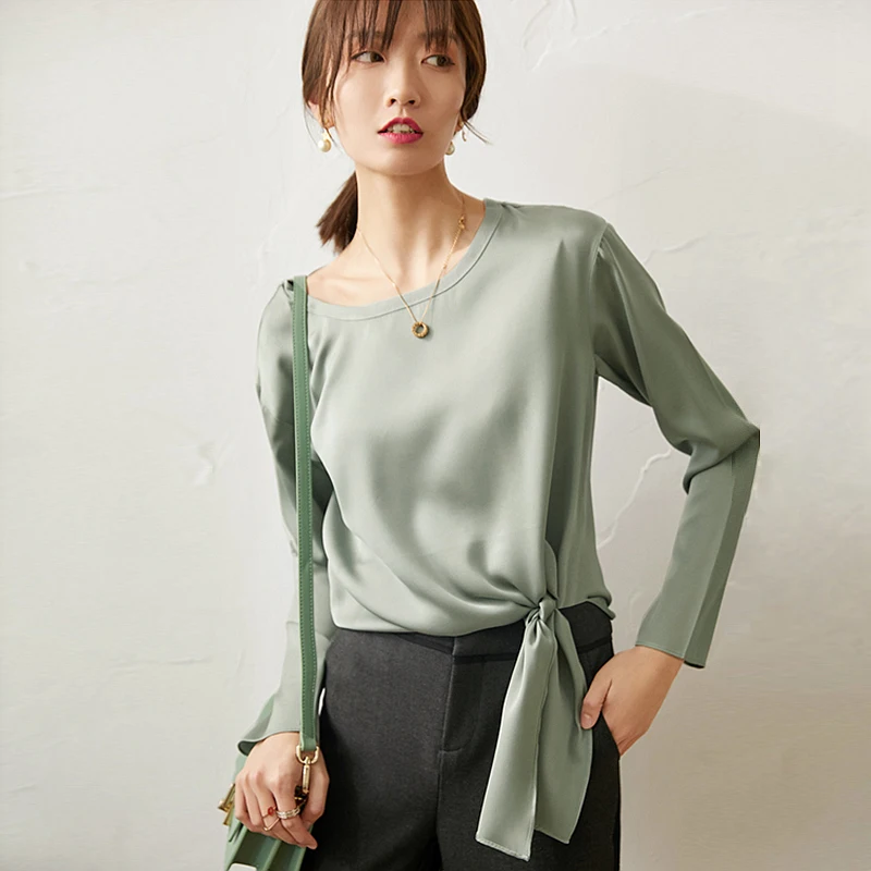 Высококачественная 100% шелковая блузка женская рубашка однотонная элегантная