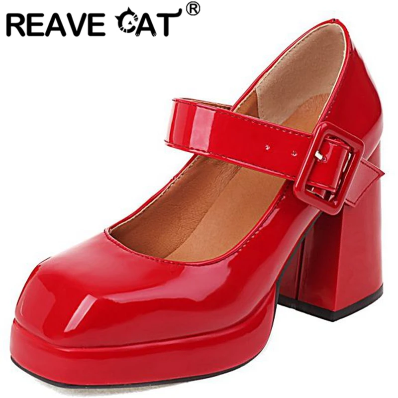 

REAVE CAT Ladies Shoes Pumps Square Toe Chunky Heels Buckle Strap Shallow Plus Size 32-48 Solid Black White Spring Causal S2967