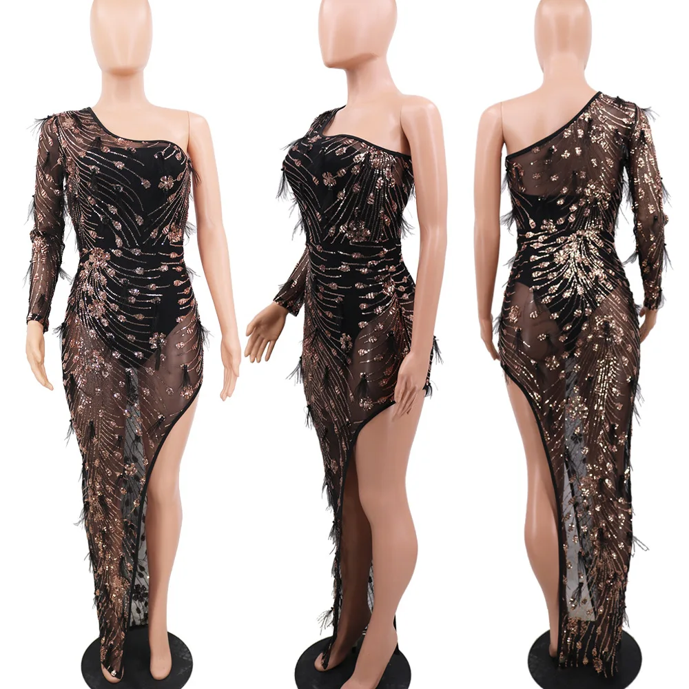 Белое Облегающее длинное платье-макси Прозрачное платье из страусиных перьев с