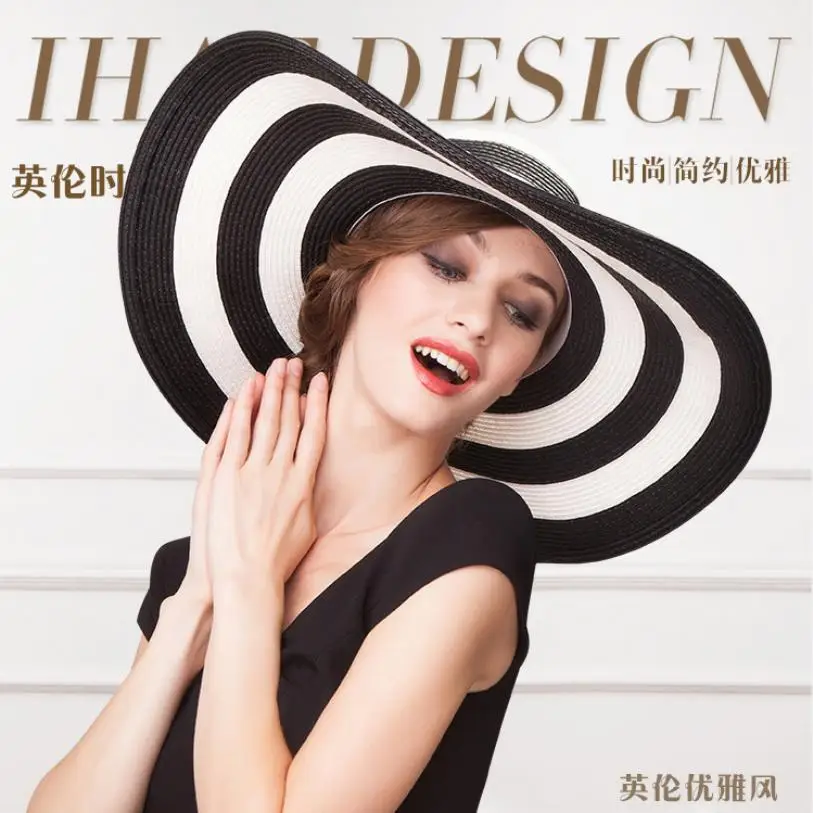 

New Style Summer Visor WOMEN'S Sun-Protection Beach Hat UV Sun Hat Striped Large Brimmed Straw Hat
