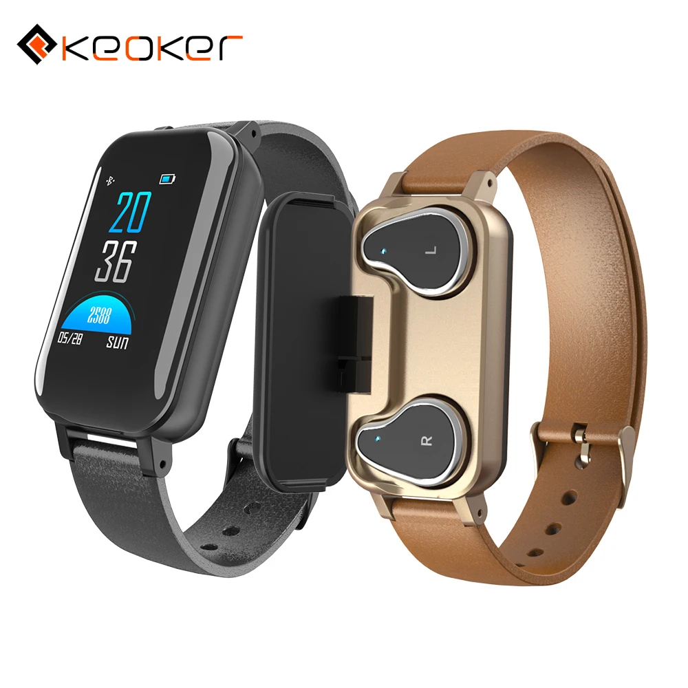 Keoker T89, двойные Bluetooth наушники, умный Браслет, пульсометр, измеритель артериального давления, напоминание о звонках, умные часы для мужчин и женщин
