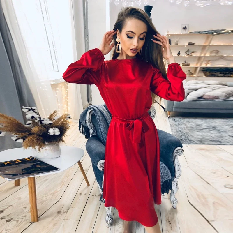 

Sashes Satin A-line Dress Lantern Sleeve O neck Solid Elegant Casual Party Dress 2021 Summer OL New FashionWomen Vintage Dress