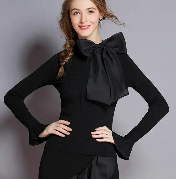 Милые женские свитера с бантом на воротнике для девушек студенческие вязаные
