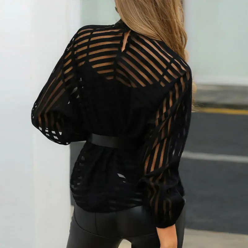 

Women Blouse Mesh Sheer See-through Long Puff Sleeve Top Shirt Blouse Sexy Women Tops Black