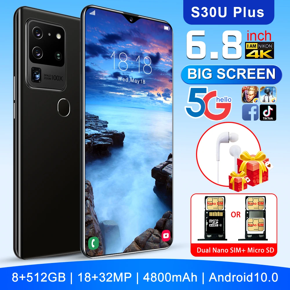 Global Version S30U PLUS 6.8-inch 5G Smartphone 8GB-128GB Face Fingerprint Unlock MTK6889 Bual Card Dual Standby