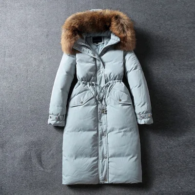 lightblue 1 Женская зимняя теплая Толстая куртка-пуховик с большим меховым воротником в винтажном стиле, большие размеры, длинное пуховое пальто, зимняя одежда, верхняя одежда, куртка, повседневная верхняя одежда - Цвет: lightblue 1