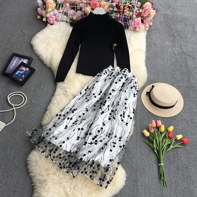 

Womens Knit Two Piece Top And Skirt Set Spring Autumn 2022 New Elegant Sweater Embroidery Mesh Skirt Outfit Korean Clothes m1221