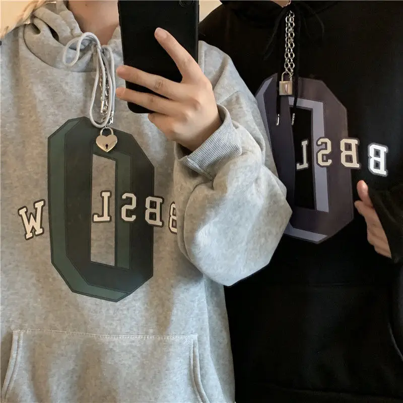 

2021 New Women's Autumn And Winter Korean Version Harajuku Lazy Loose And Versatile Hoodies Letter Pint Long Sleeve Top