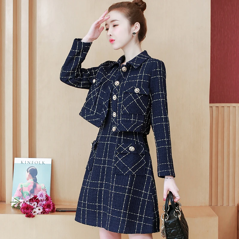 

Fall Winter Small Fragrance Plaid Tweed Dress Two Piece Set Women Temperament Cropped Jacket and Slim MIni Tank Dress Suits