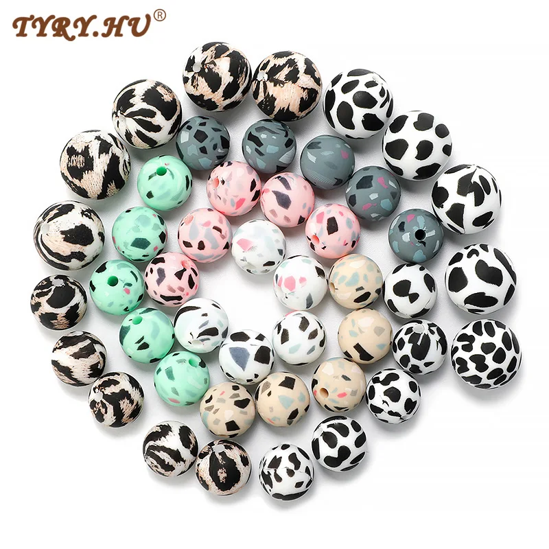 

TYRY.HU 10Pcs 12/15mm Tie dye leopard Chewable Colorful Silicone Beads DIY Pacifier Chain Baby Safe Teether Accessries Bpa Free