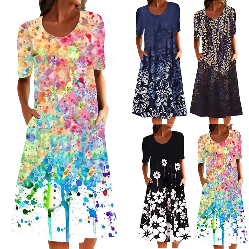 

Vintage Printed Half Sleeve Long Dress Women Summer Casual Loose O Neck Fashion Plus Size Pullover T Shirt Dress Beach Vestidos