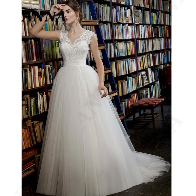 

ANNA-BEAUTY Store Wedding Dresses 2021 Simple V-Neck A-Line Tulle Beach Party Gown Elegant Appliques Vestido De Novia for Women