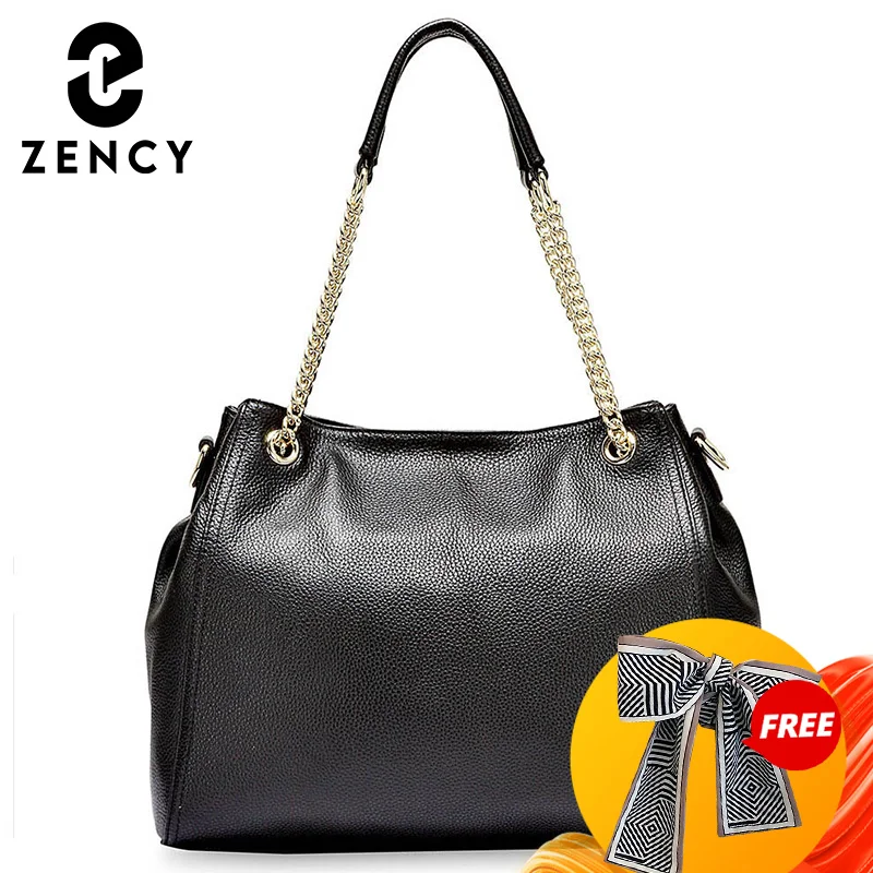 Zency 100% Genuine Leather Handbag Fashion Women Shoulder Bag High Quality Female Crossbody Messenger Purse Classic Black Tote