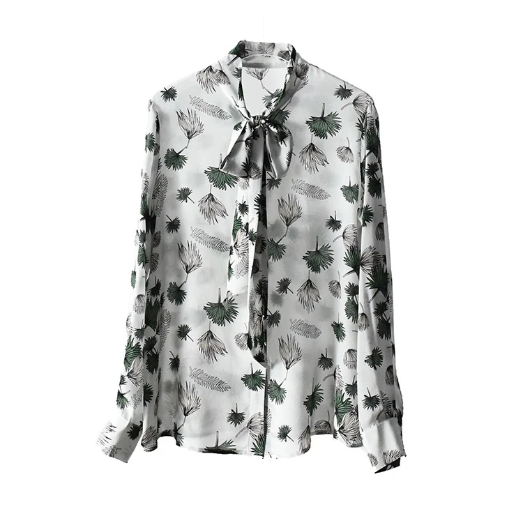 100% натуральный шелк блузки для офиса с принтом длинный рукав галстук бабочка